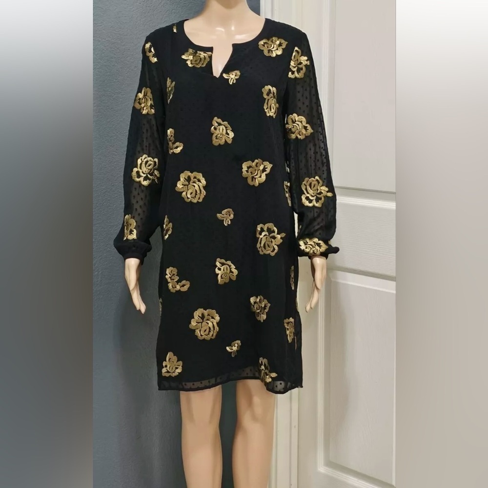 Cabi Occasion Dress in Swiss Dot Black Gold  Rose Embroidered Size XS - Picture 10 of 10